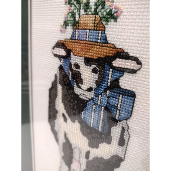 Completed Cross Stitch Cow, Vintage Framed Needlepoint, Country Farmhouse Art - Picture 4 of 7